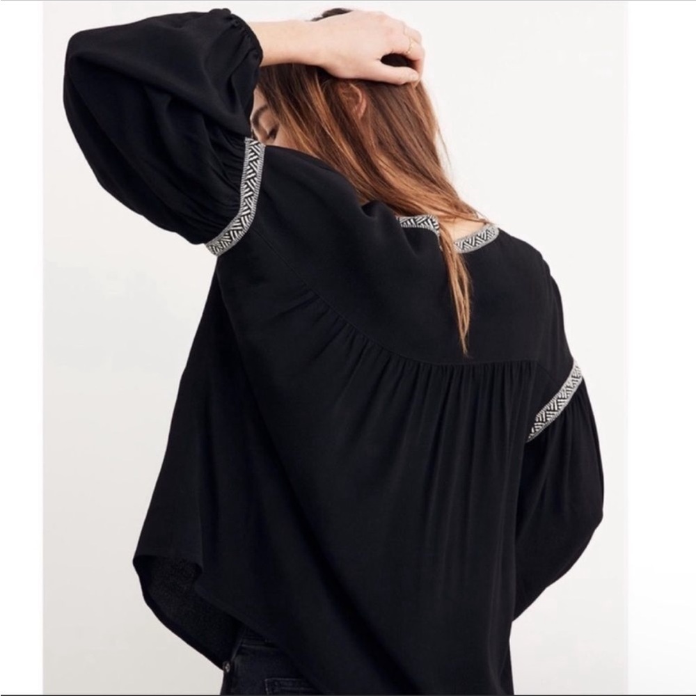 Madewell Black White Embroidered V-neck Long Sleeve Tassel Lightweight Blouse - Picture 3 of 8